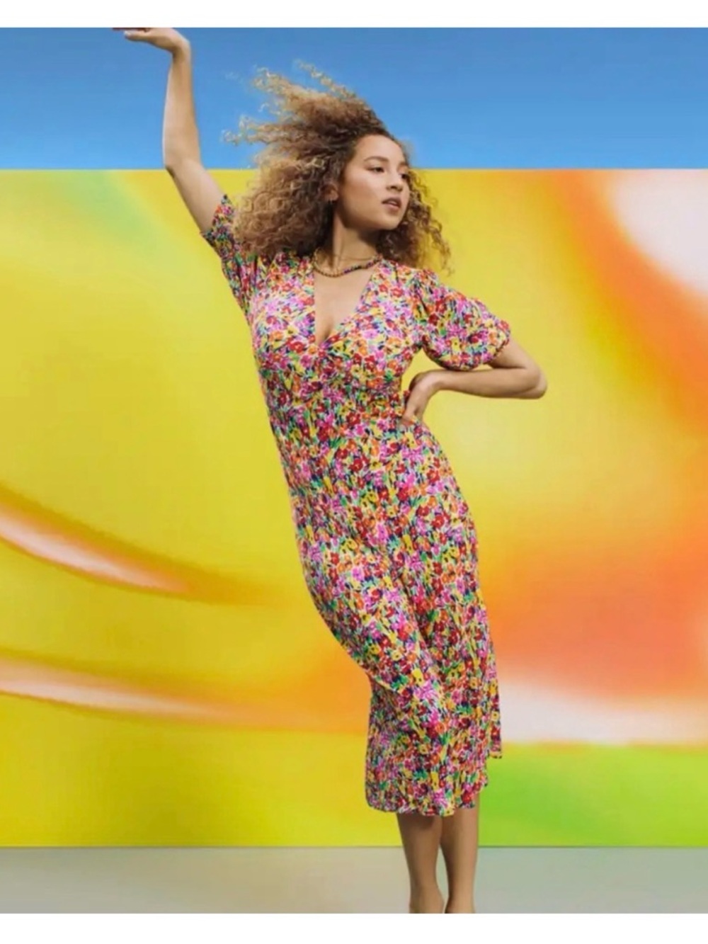 RIXO x Target Floral V‑Neck Puff‑Sleeve Midi Dress in Pink, Yellow and Green